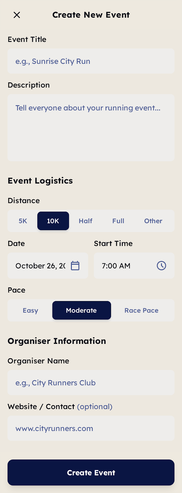 Link& App Create Event Screen